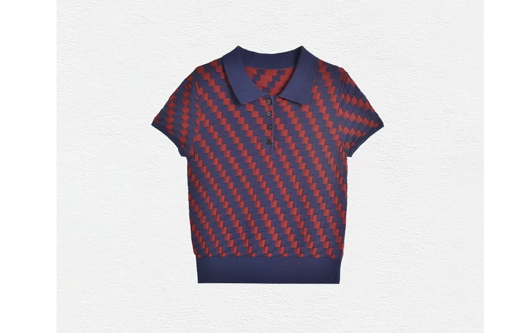 JIU~JIA佳“老钱格调”重工立体编织格纹气质POLO领针织上衣