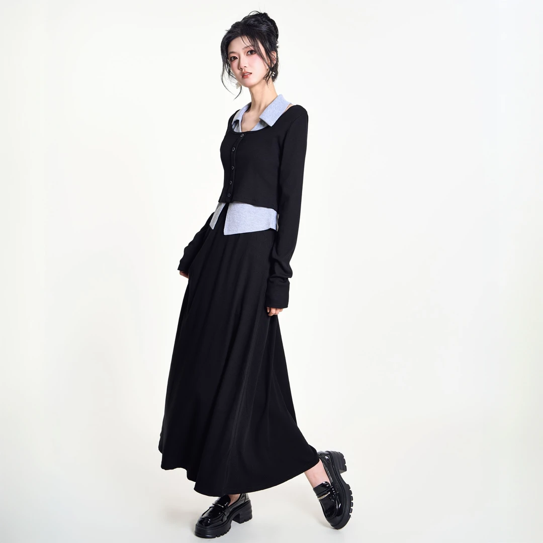 【三件套 套装】黑色长袖罩衫背心半身裙 高级感气质套装10108