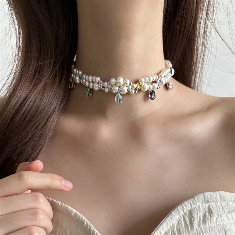 非金属仿珍珠项链 X5972-1甜美彩色水滴珠珠choker项链时尚气质