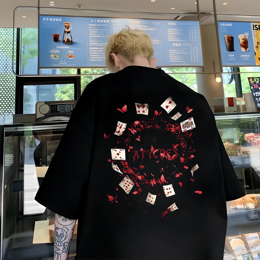 【重磅纯棉】美式松弛感T恤宽松男装T恤夏季复古扑克印花潮牌港风