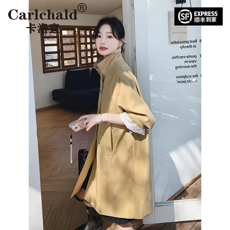 CARLCHALD卡洛查卡其色立领风衣外套女春秋2025新款韩系轻奢中长