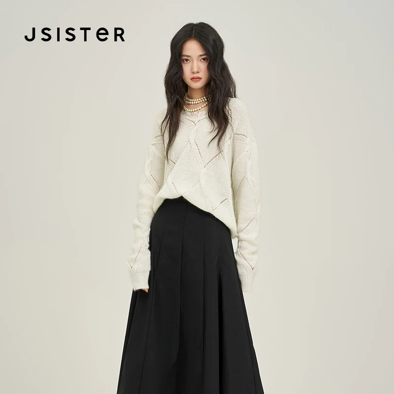 jsister2025秋季新款 JS女装时尚白色蕾丝镂空针织衫