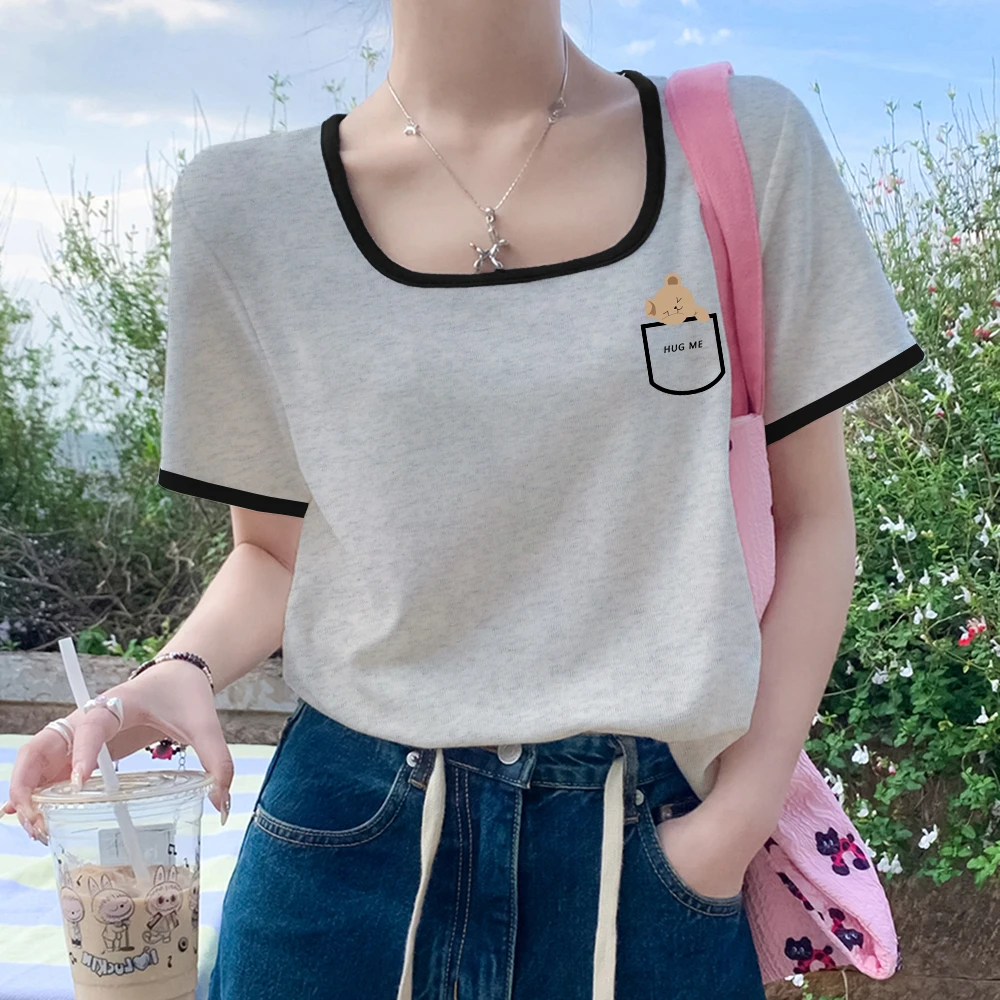 正肩t恤女短袖2025夏季新款纯棉U领大领口体恤露锁骨设计方领上衣