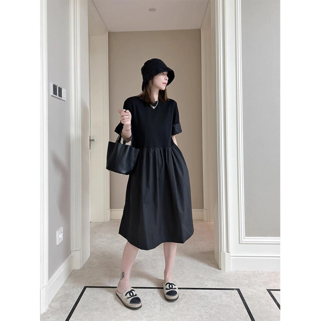 大码气质拼接设计感连衣裙女2025春夏新款胖mm收腰显瘦中长款裙子