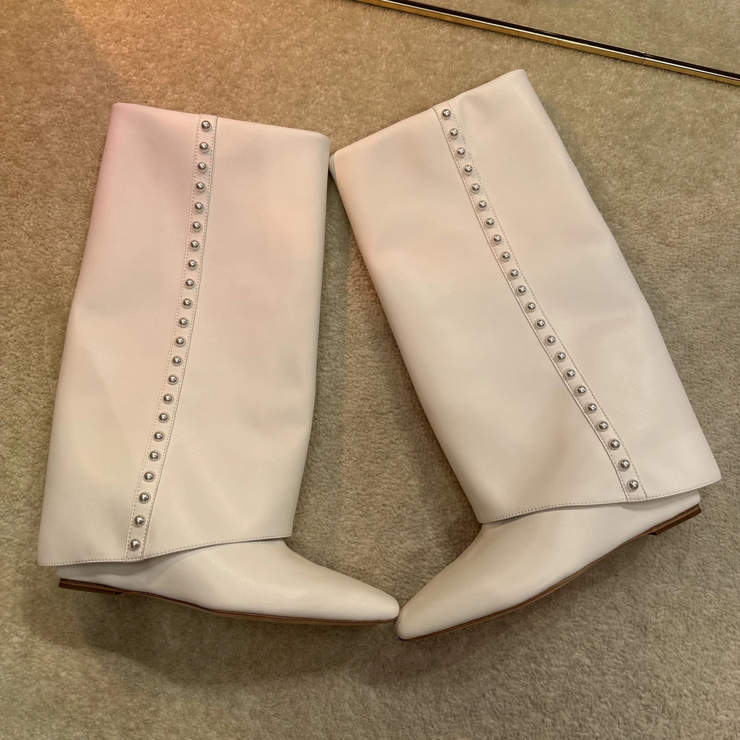 【断码特价】长筒靴女尖头白色珍珠高级感靴子012-2