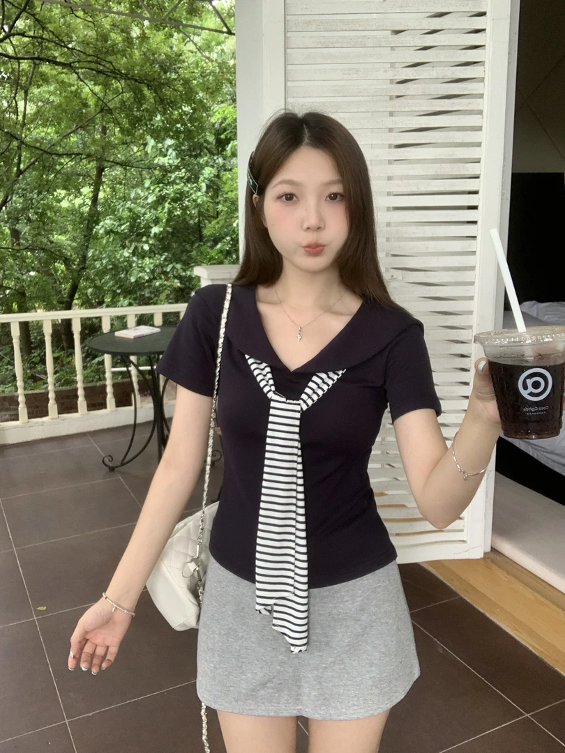 大码女装夏季新款复古海军领条纹撞色短袖修身显瘦时尚百搭上衣潮