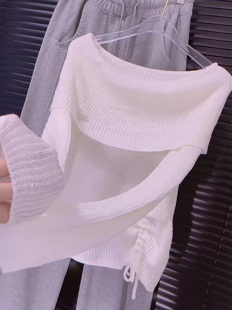 法式复古长袖一字肩纯色白色上衣女2025早秋简约软糯设计感针织衫