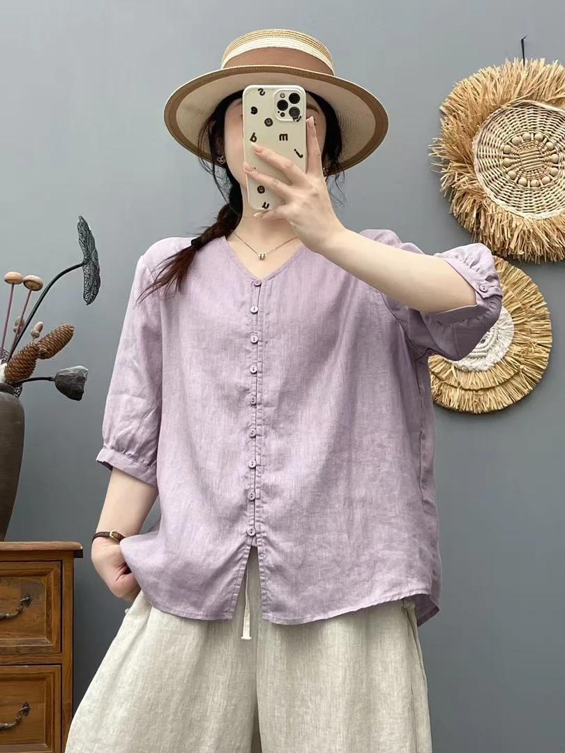 YIWEN原创100亚麻清凉透气V领气质显瘦上衣1238