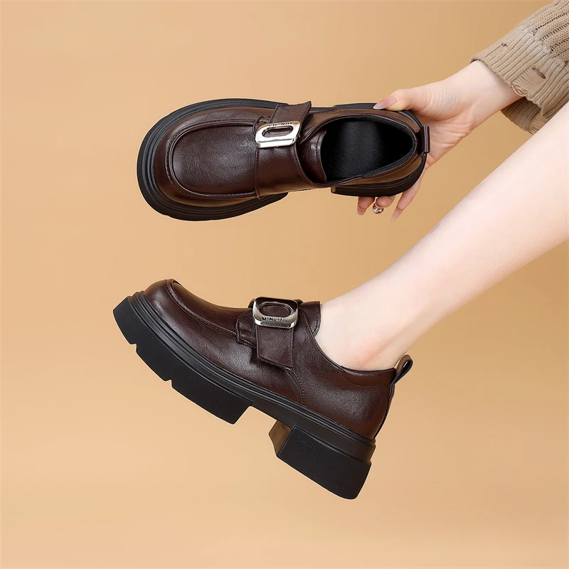 厚底小皮鞋女2025春季新款英伦风黑色乐福鞋复古魔术贴圆头单鞋子