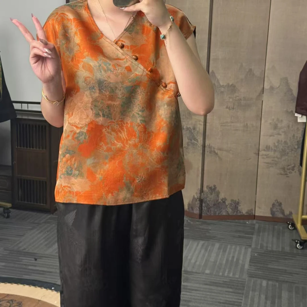 100%桑蚕丝！橘子汽水花萝V领小衫