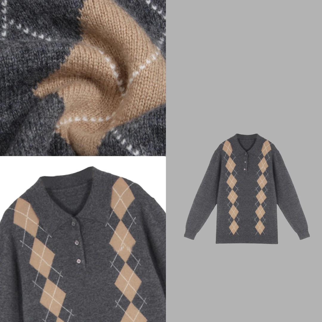 凯特丝蓓956#撞色菱形格纹翻领长袖针织衫毛衣女宽松休闲polo衫现