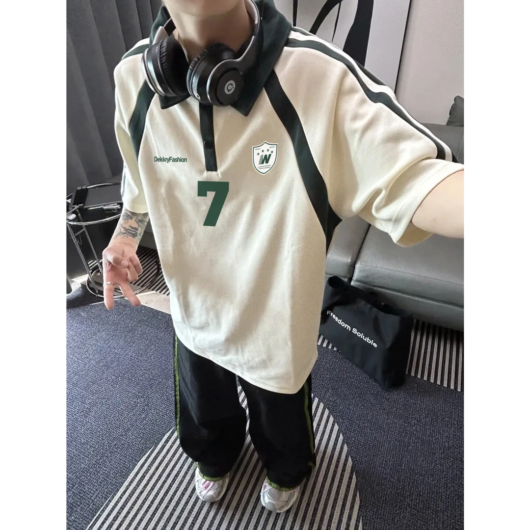 美式街头风字母数字印花拼色翻领Polo衫男女夏季休闲纯棉短袖上衣