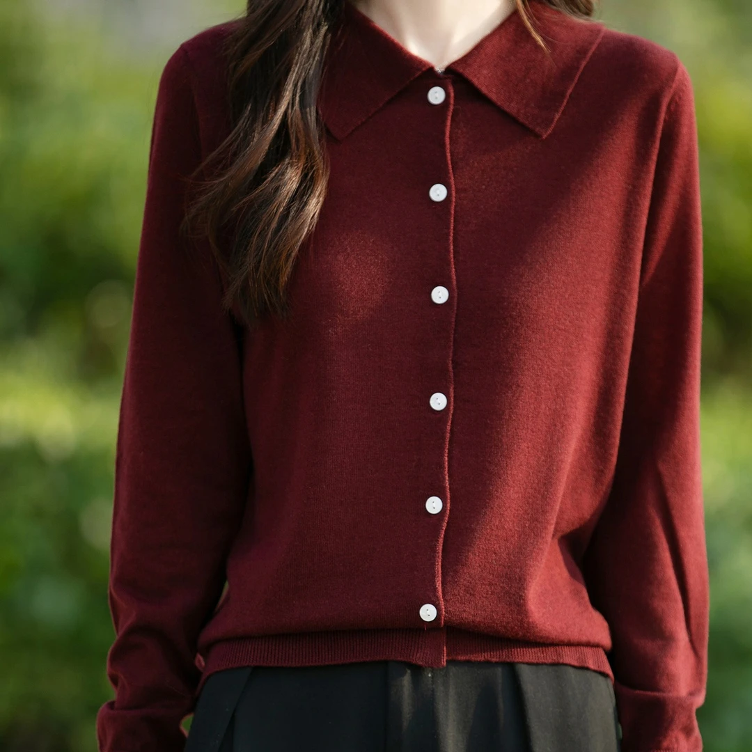 春秋季女长袖翻领厚款针织毛针织衫纯色百搭春秋衬衫