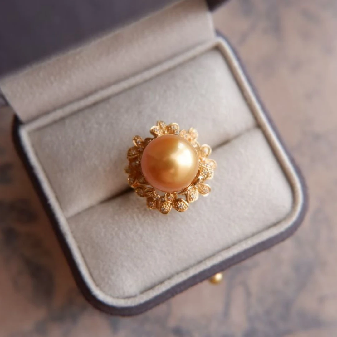 海水南洋金珍珠14k金花朵托13-14mm珍珠戒指