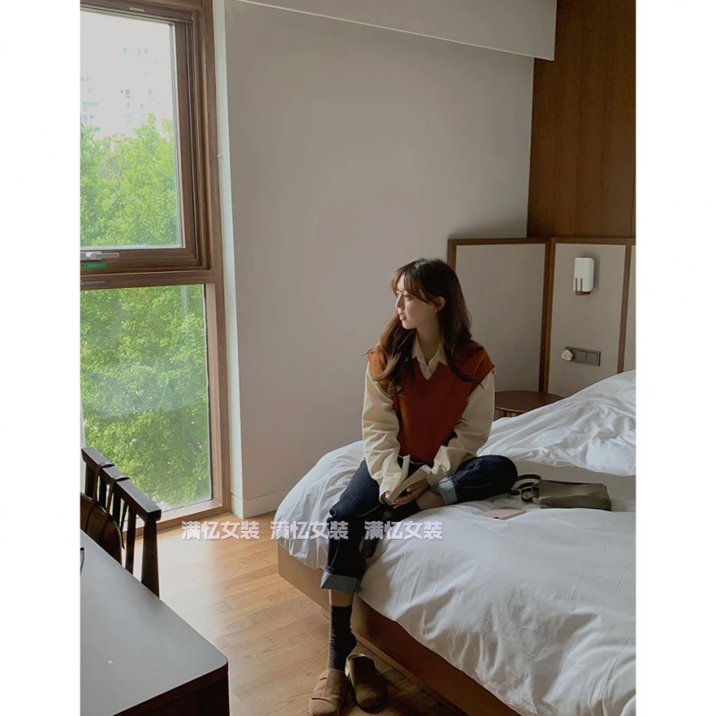 秋季新款针织毛衣马甲衬衫韩版港味复古网红时尚炸街新款女装套装