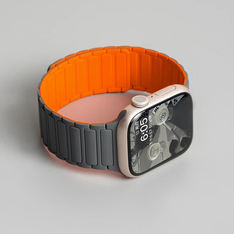 适用苹果手表Apple watch10/9硅胶磁吸工纹iwatchS8765表带男女款