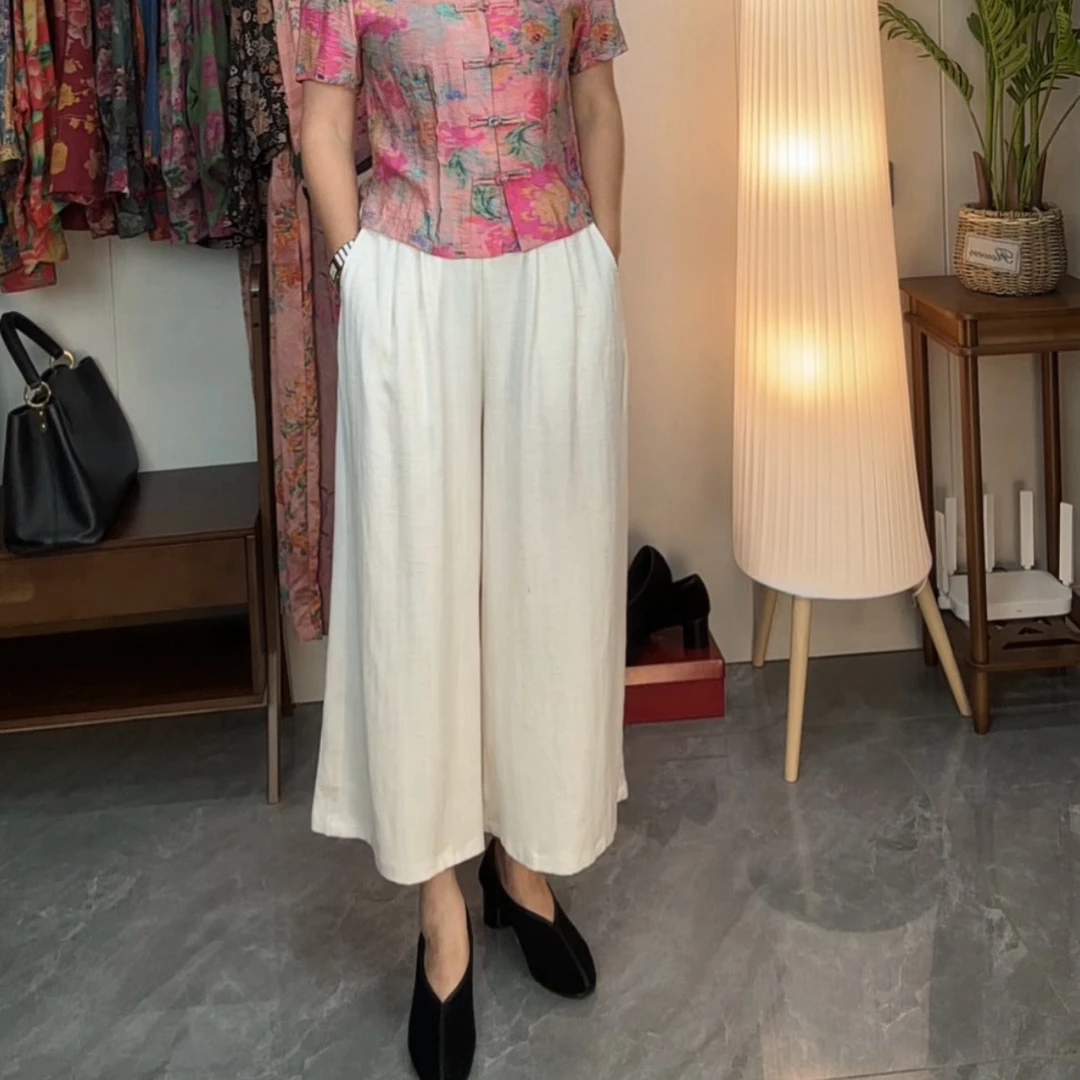 夏季纯色全松紧腰天丝亚麻休闲阔腿裤九分裤优雅妈妈装2532