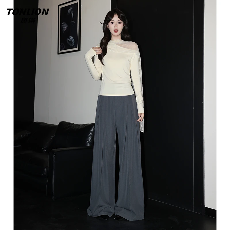 唐狮松弛感灰色高腰阔腿西装长裤女早秋宽松梨形褶皱垂感休闲裤