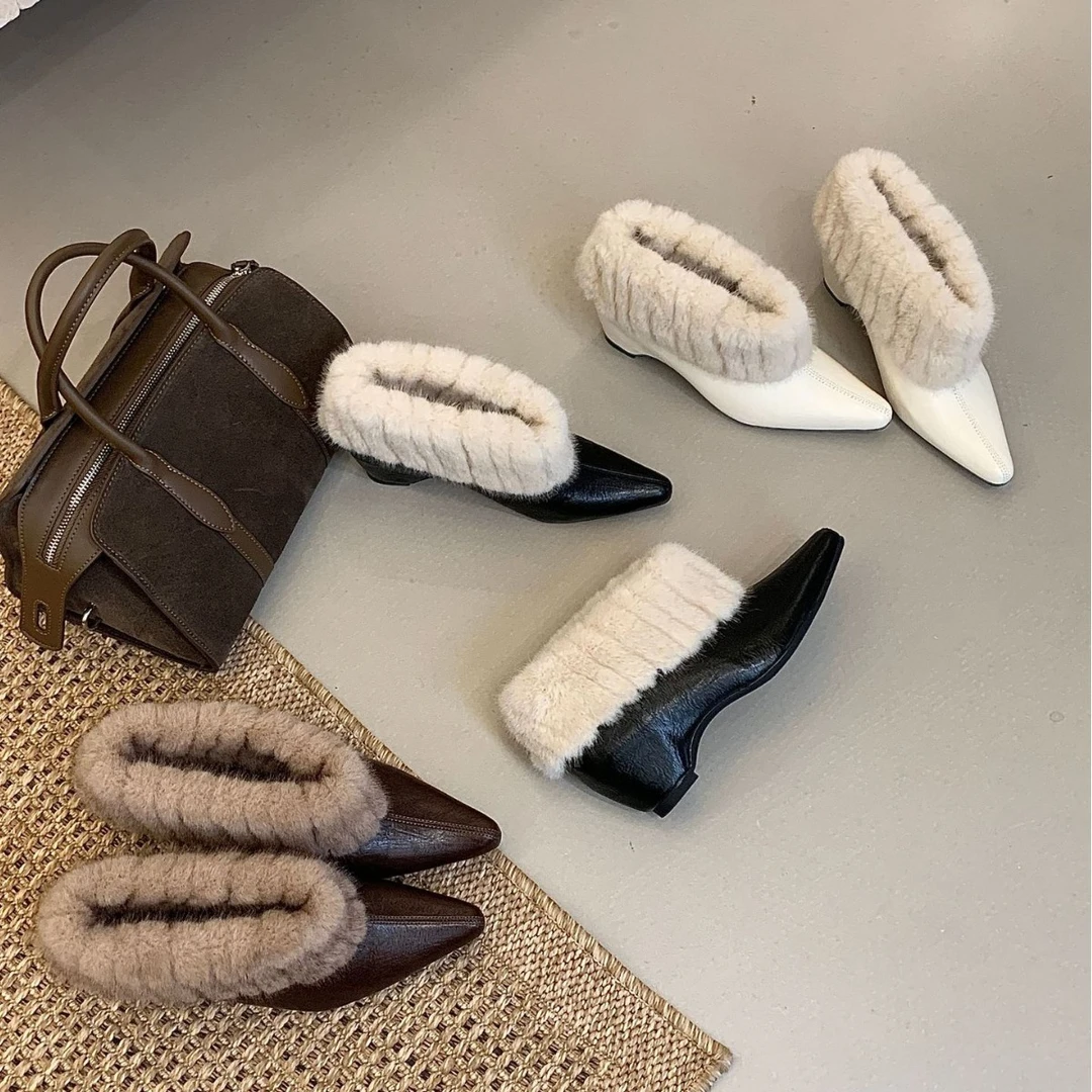 粗跟加绒高跟鞋-坡跟日风中跟尖头浅口黑色白色棕色成女款秋冬