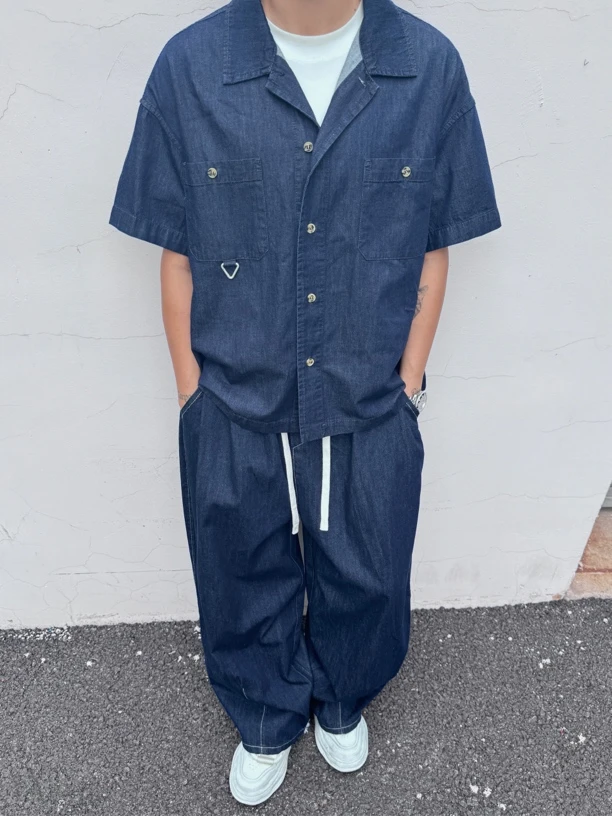 Ninjazz 日系水洗做旧短版夏季薄牛仔古巴领口衬衫短袖