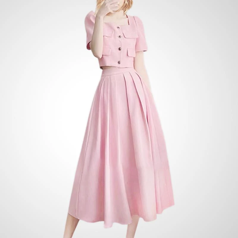 VOCKOO官方2025夏新款赫本风名媛套装女粉色短款上衣半身裙高级设