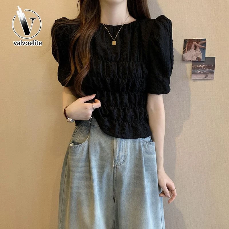 VALVOELITE设计感褶皱正肩短袖体恤女夏大码漂亮小衫收腰法式上衣