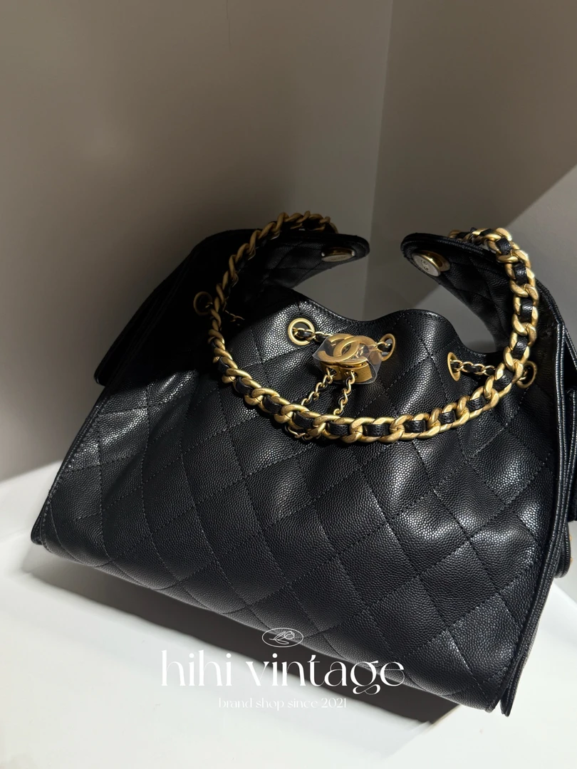 未使用 Chanel/香奈儿 HIHI/黑金荔枝纹双口袋抽绳25Bag/14584069