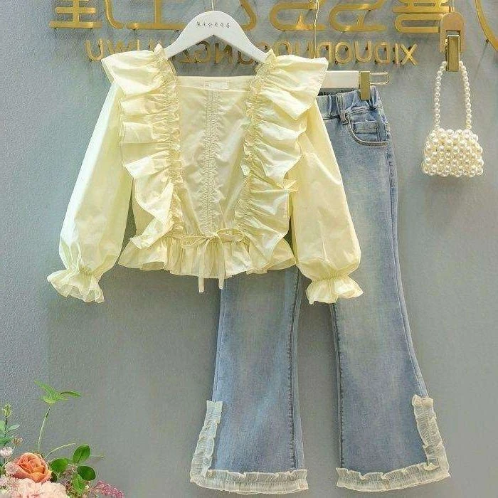 女童甜美套装秋季新款小女孩方领荷叶边洋气衬衣牛仔裤两件套