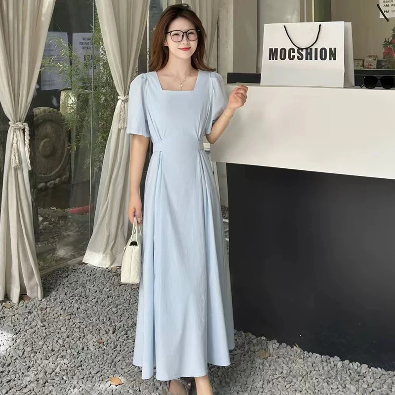 妮妮家211夏季新款法式方领收腰系带高级感连衣裙