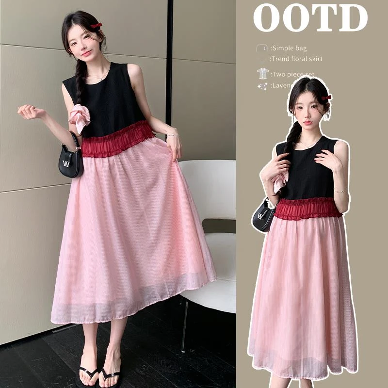 孕妇装夏季连衣裙2025新款法式拼接无袖穿搭时尚洋气时髦潮