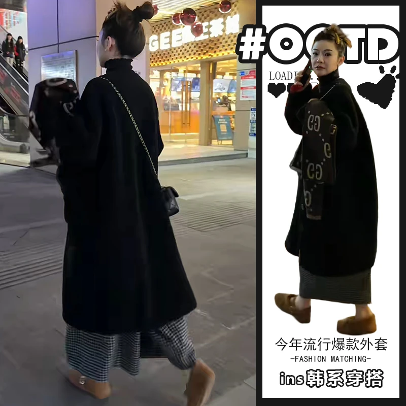 2025冬季新款高级感别致毛呢外套欧美宽松中长款黑色加厚呢子大衣