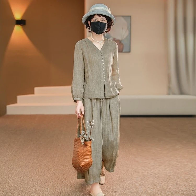 妈妈装夏季简约薄款丝麻长袖开衫大码套装百搭宽松显瘦棉麻两件套