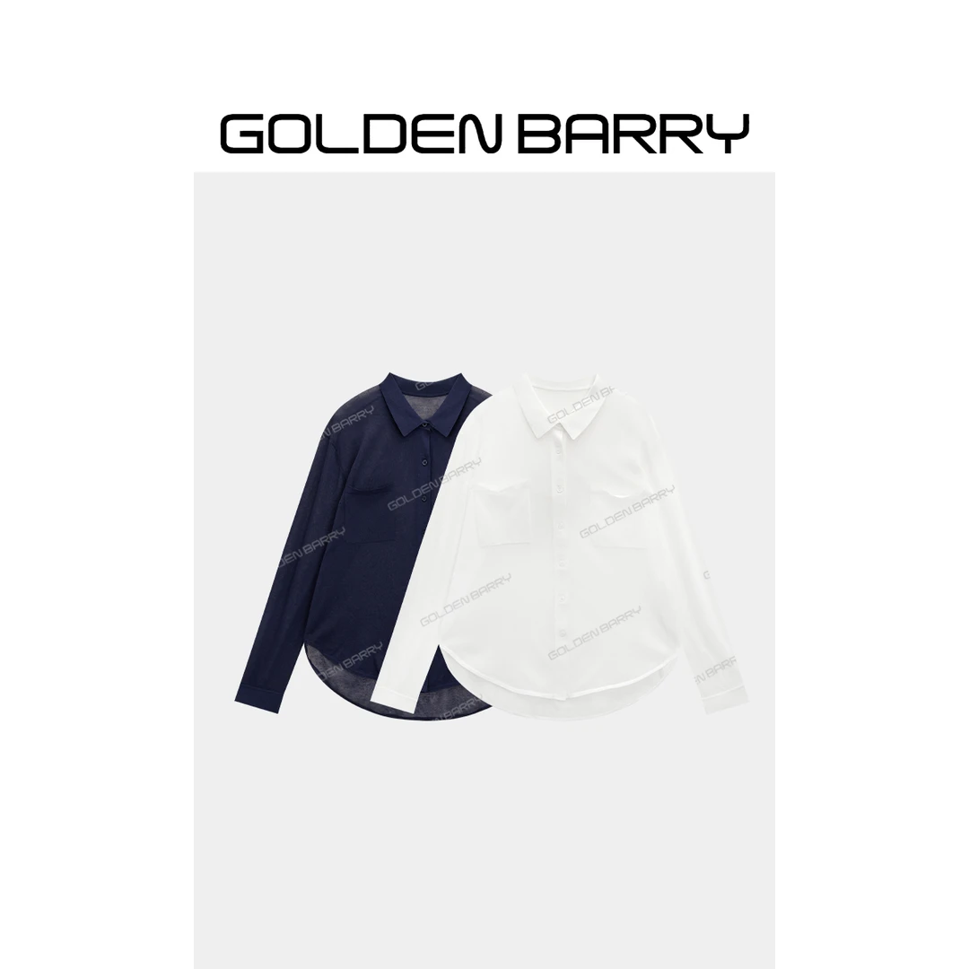 GOLDENBARRY|242287“呼吸空气衫”强捻棉衬衣领微透针织开衫