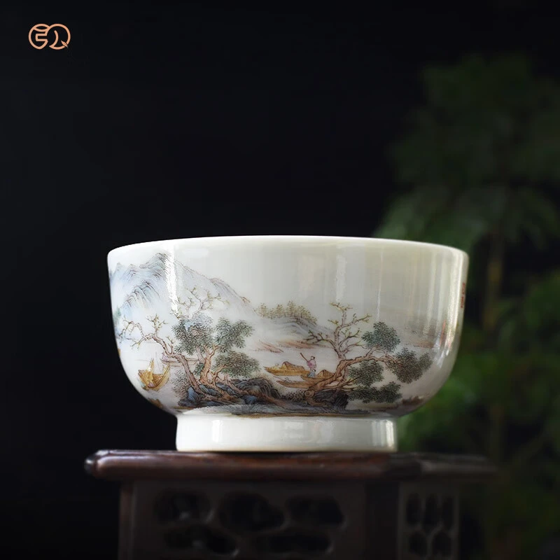 百弘 景德镇粉彩渔舟唱晚主人杯单杯 手工茶具仿古茶杯手绘陶瓷品