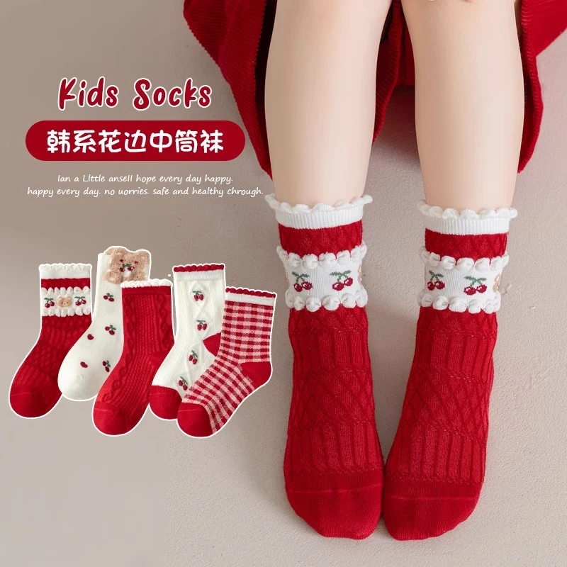 新年棉袜女童袜子秋冬红袜红色袜儿童花边中筒袜卡通可爱公主袜