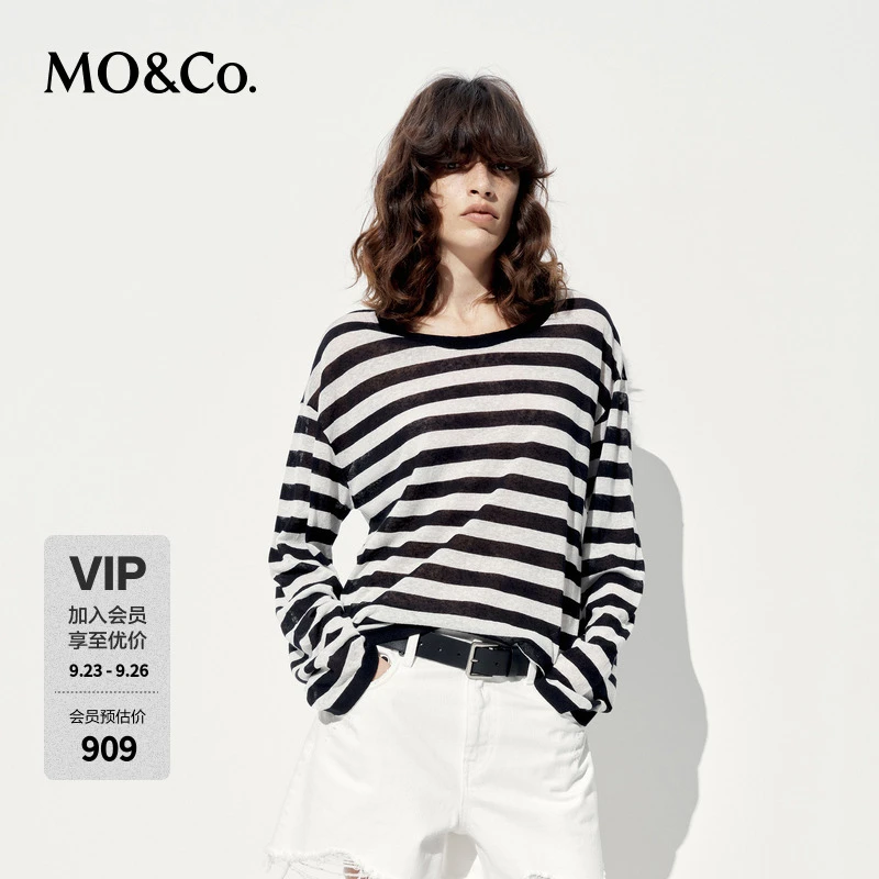 MOCO针织衫2025夏新品含亚麻条纹宽松落肩慵懒轻薄微透MBE2SWTT02