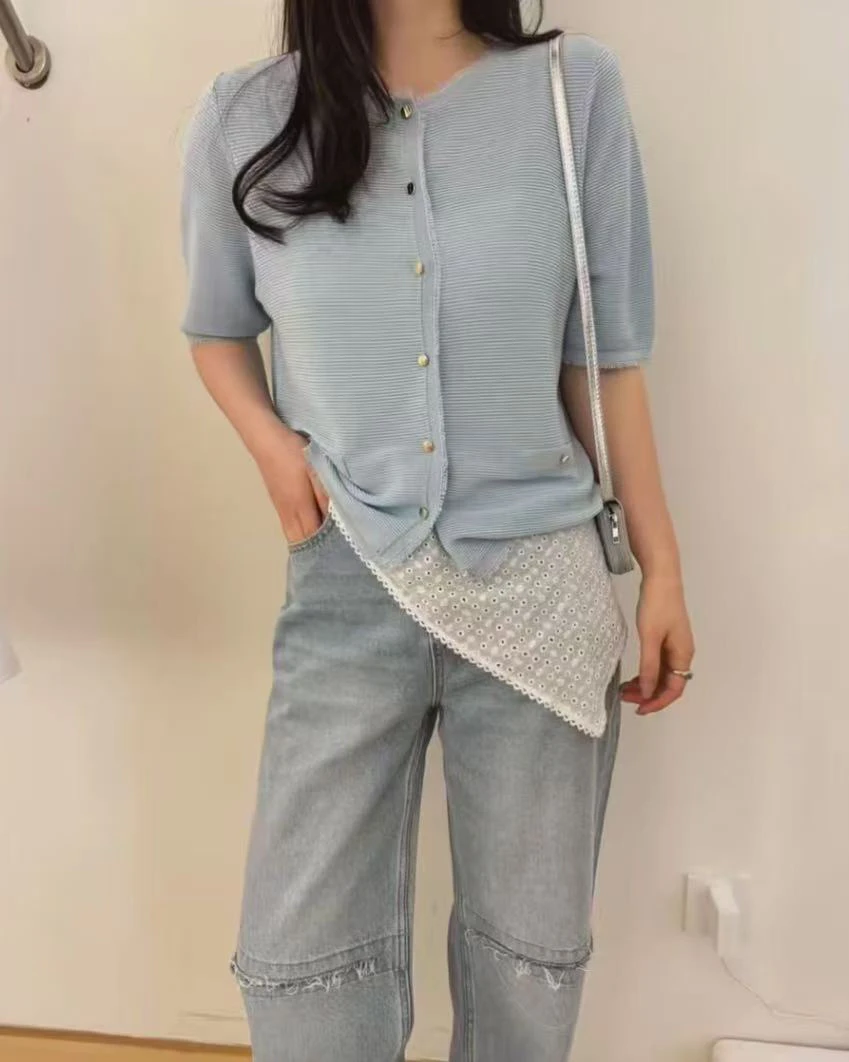 欧货小香风短袖针织开衫女2025春夏新款薄款单排扣外套上衣2897