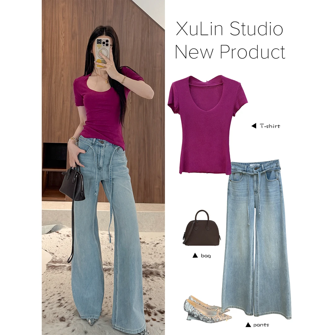 MINI STUDIO徐琳「秀场腰精」水洗做旧高腰系带微喇拖地裤x250047