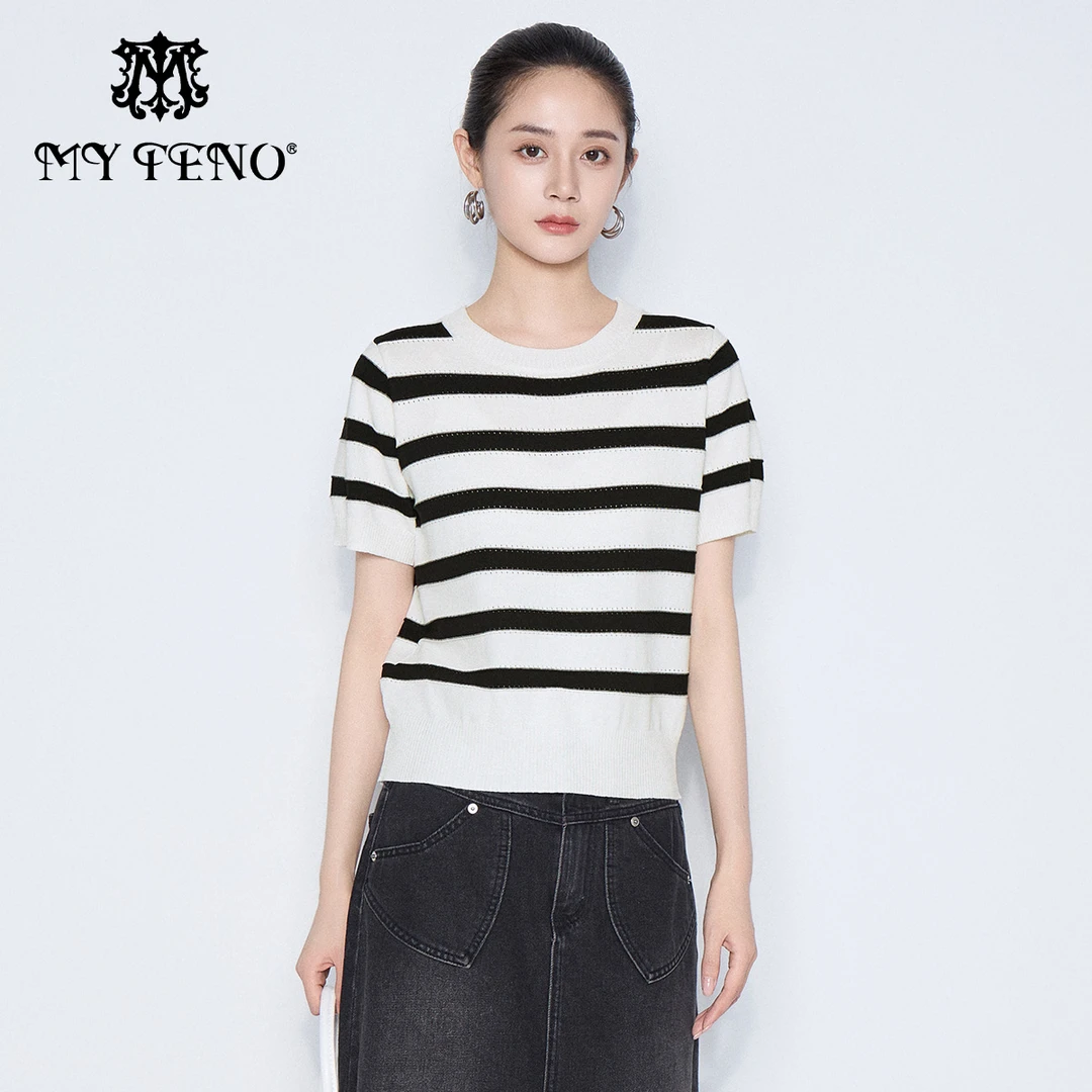 【福利专属】马天奴新款黑白条纹针织衫短袖毛衫上衣女VHS815SWH0