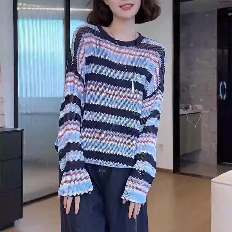 M205时尚条纹拼接设计感针织衫女款洋气休闲新款气质百搭上衣