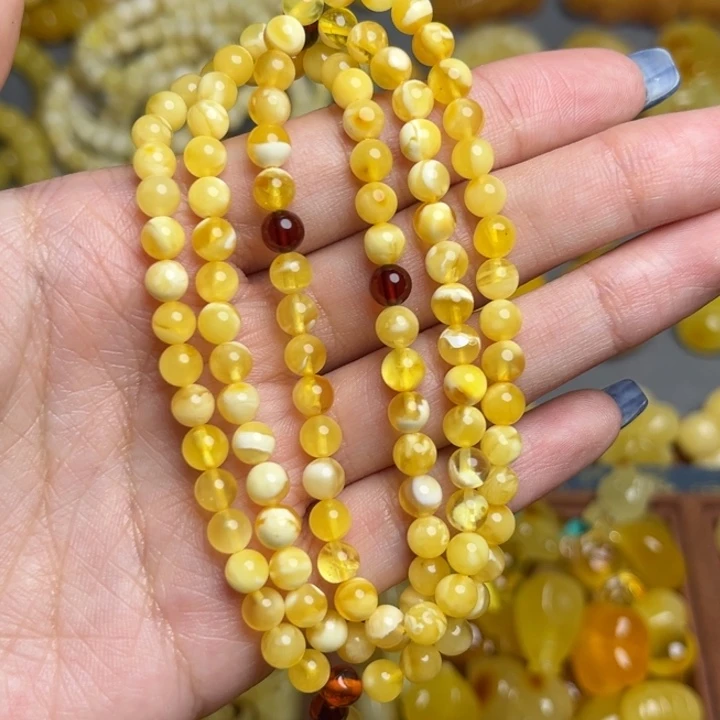 蜜蜡未镶嵌裸石-087天然蜜蜡金白妖花107项链多圈微微瑕