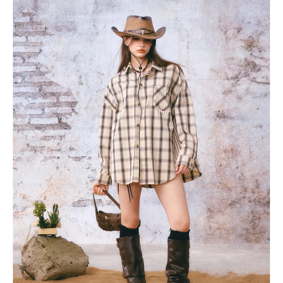 KAMA卡玛2025春季新款复古刺绣格纹衬衫1125801