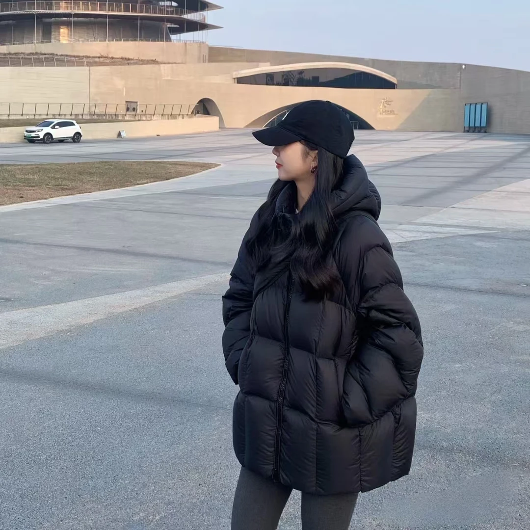 黑色连帽泡芙棉服女中长款2025新款小个子宽松加厚棉袄夹棉外套冬