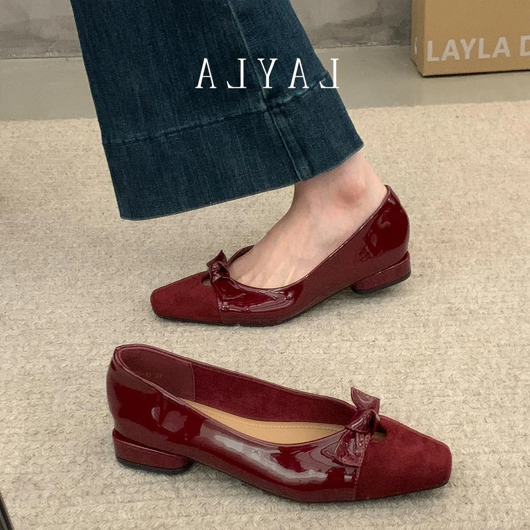 粗跟配裙子气质单鞋女鞋子2025年春秋新款红色婚鞋蝴蝶结浅口瓢鞋