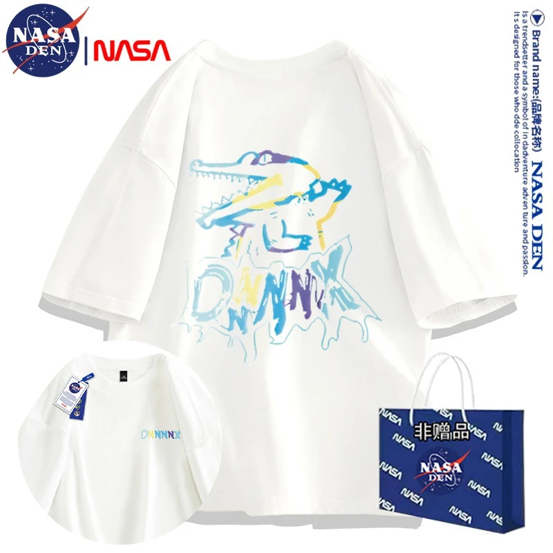 NASA联名学院风印花五分袖重磅纯棉短袖男女款潮流风美式情侣T恤