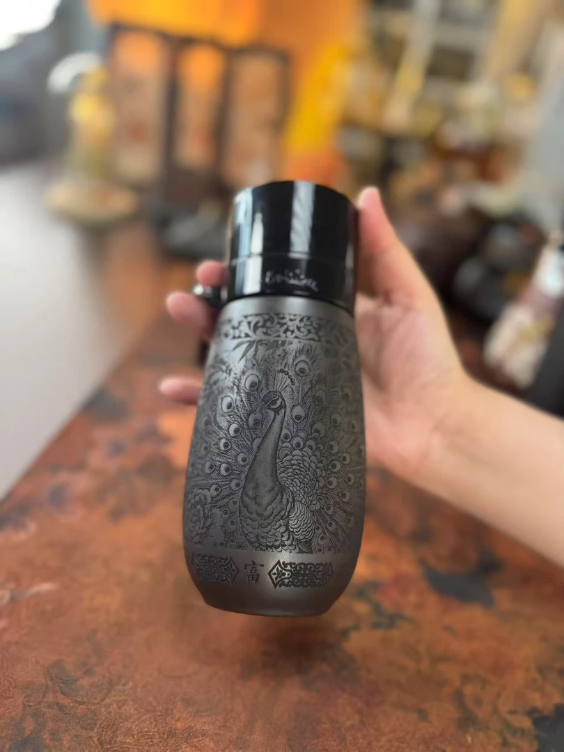 宜兴原矿紫砂玄铁石黄刻字孔雀茶水分离单层随身杯家用办公茶具