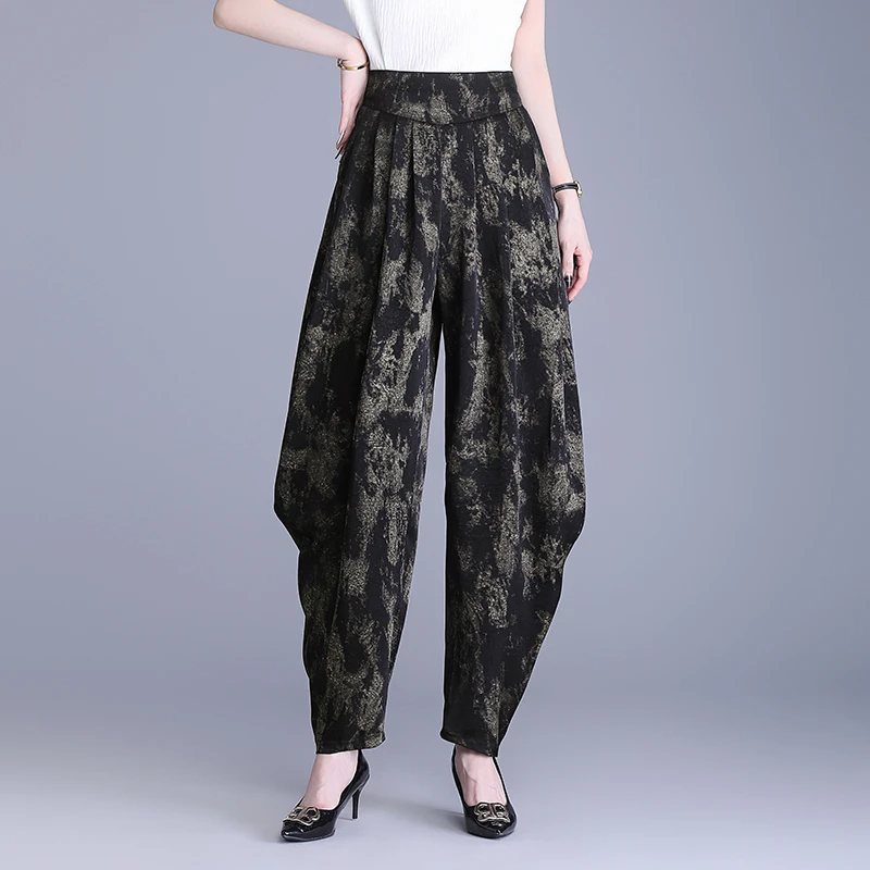复古印花哈伦裤女夏季2025新款高腰显瘦遮肉小个子百搭九分休闲裤