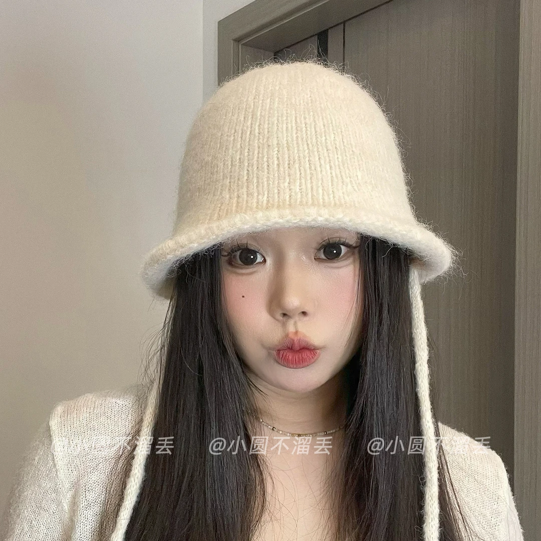 2025新款日系纯色绑带针织渔夫帽女秋冬保暖大头围显脸小水桶帽子