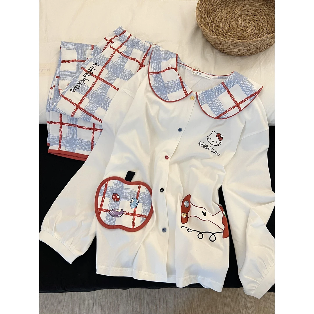 春秋新款韩系kitty猫撞色拼接甜美长袖睡衣女格子长裤家居服套装