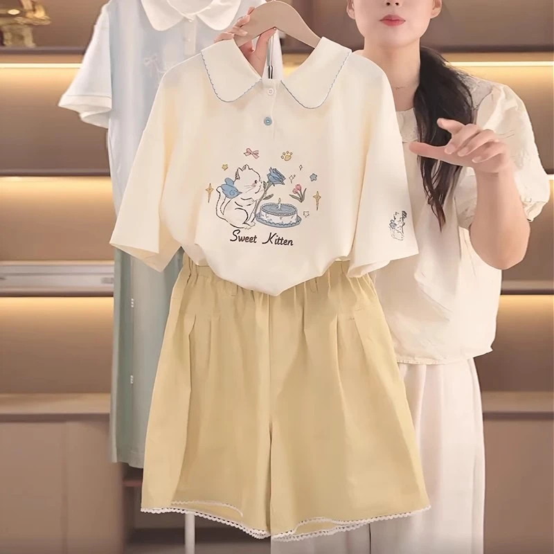 女童短袖POLO衫套装夏季2025新款儿童夏装女孩花边短裤两件套洋气